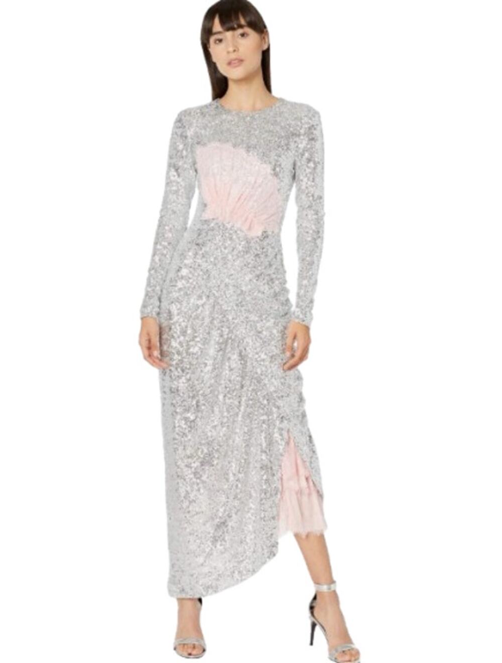 PREEN BY THORNTON BREGAZZI Welda Sequin Dress Medium Silver Long Sleeve NWOT